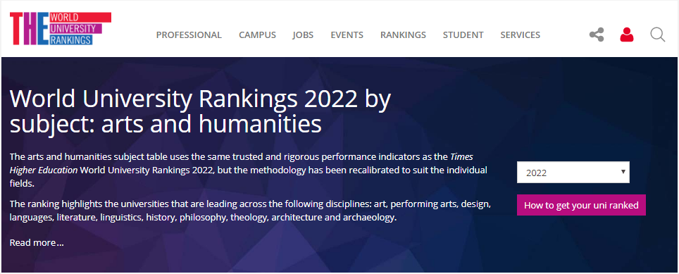 2022 THE世界大学“艺术与人文”学科排名 斯坦福、麻省分列前2位  数据 排名 ​THE世界大学排名 第1张